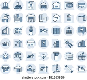 Blue Tint And Shade Editable Vector Line Icon Set - Airport Tower Vector, Barrier, Shop, Building, First Aid Room, Baggage, Office, Warehouse Storage, Bank, Account, House, With Tree, Sold Signboard