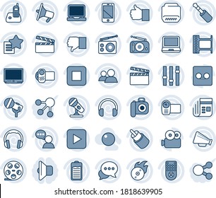 Blue tint and shade editable vector line icon set - clapboard vector, film frame, reel, flame disk, camera, microphone, radio, news, loudspeaker, settings, tv, video, remote control, cell phone, rca