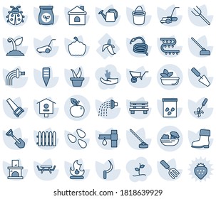 Blue tint and shade editable vector line icon set - trowel vector, garden fork, shovel, farm, fence, seedling, watering can, wheelbarrow, bucket, sproute, boot, saw, lawn mower, lady bug, fire, hose