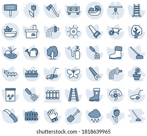 Blue tint and shade editable vector line icon set - job vector, garden fork, ripper, fence, ladder, tree, watering can, wheelbarrow, glove, boot, saw, lawn mower, butterfly, seedling, sun, rain, hoe