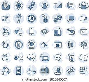 Conjunto de iconos de línea de vector editable de tonos azules y sombras - sin vector móvil, portátil inalámbrico, antena, señal, hombre de habla, equipo, satélite, altavoz, teléfono de radio, correo, señal celular, globo de navegación