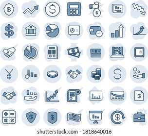 Blue tint and shade editable vector line icon set - safe vector, handshake, growth statistic, dollar sign, calculator, abacus, crisis graph, statistics, cash, yen, coin, bank, account statement, pay