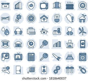 Blue tint and shade editable vector line icon set - tv vector, bed, office building, fireplace, phone, sold signboard, estate search, agent, key, children room, cushioned furniture, sweet home, fan