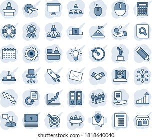 Blue tint and shade editable vector line icon set - reception vector, handshake, speaking man, gear, growth statistic, hierarchy, pedestal, team, office binder, medal, document search, abacus, mouse
