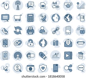 Blue tint and shade editable vector line icon set - antenna vector, arrival, mobile phone, heart shield, earth, satellite, video camera, cell, chain, mail, back, message, cellular signal, update