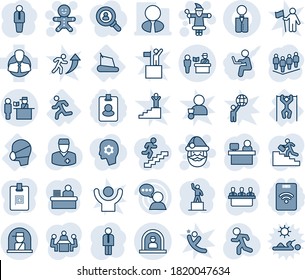 Blue tint and shade editable vector line icon set - passport control vector, reception, officer window, santa claus, cake man, manager, pedestal, team, place, run, doctor, treadmill, pull ups, desk