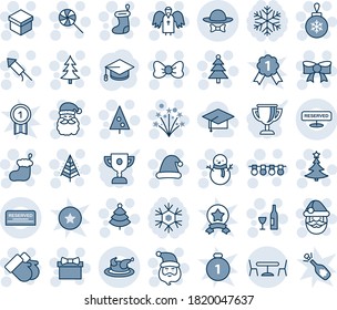 Blue tint and shade editable vector line icon set - cafe vector, christmas tree, gift, bow, santa claus, sock, ball, garland, gloves, snowman, lollipop, hat, firework rocket, angel, wine, graduate