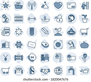Blue tint and shade editable vector line icon set - antenna vector, plane globe, christmas star, desk, seedling, sproute, pumpkin, barbell, meat, virus, milk, 24 hours, tulip, rack, microphone, news