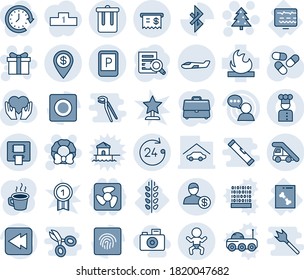 Blue tint and shade editable vector line icon set - trash bin vector, baby, ladder car, parking sign, 24 hours, small plane, christmas tree, gift, wreath, document search, pills, heart hand, spica