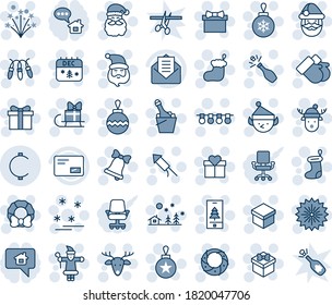 Blue tint and shade editable vector line icon set - firework vector, gift, santa claus, christmas sock, ball, garland, landscape, bell, gloves, calendar, deer, rocket, wreath, champagne, mobile, hat