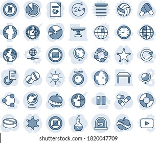 Blue tint and shade editable vector line icon set - no laptop vector, ticket office, globe, 24 hours, mobile sign, computer, document reload, pills, diet, earth, pie graph, table, social, friends