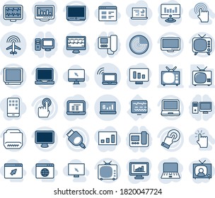 Blue tint and shade editable vector line icon set - wireless notebook vector, radar, plane, pc, statistic monitor, pulse, diagnostic, tv, touch screen, laptop, hdmi, account statistics, hand, cursor