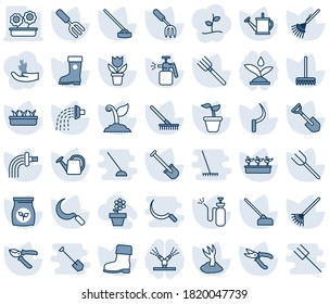 Blue tint and shade editable vector line icon set - flower in pot vector, garden fork, shovel, farm, rake, seedling, watering can, sproute, pruner, boot, hoe, sickle, sprayer, fertilizer, irrigation