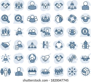 Blue tint and shade editable vector line icon set - handshake vector, hierarchy, pedestal, team, patient, basketball ball, group, user, company, hr, meeting, client search, gear, friends, consumer