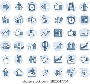 Blue tint and shade editable vector line icon set - elevator vector, alarm clock, left arrow, fork loader, right, ladder, pull ups, up side sign, no trolley, finger, career, volume max, uplooad