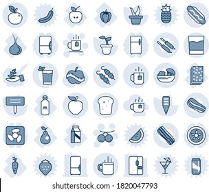 Blue tint and shade editable vector line icon set - hot cup vector, tea, rowanberry, seedling, plant label, diet, apple, carrot, sweet pepper, pear, onion, milk, breads, fridge, drink, phyto bar