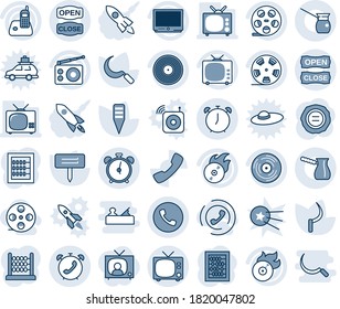 Blue tint and shade editable vector line icon set - alarm clock vector, phone, tv, abacus, stamp, sickle, plant label, reel, vinyl, flame disk, radio, call, open close, turkish coffee, horn, rocket