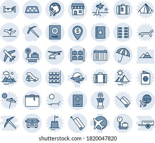 Blue tint and shade editable vector line icon set - taxi vector, suitcase, airport bus, umbrella, passport, helicopter, seat map, luggage storage, scales, plane globe, tower, departure, duty free