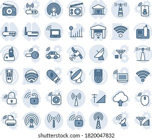 Blue tint and shade editable vector line icon set - antenna vector, wireless notebook, satellite, radio, remote control, phone, cellular signal, upload cloud, lock, router, garage gate, wi fi, mouse