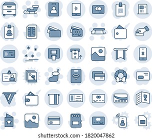 Blue tint and shade editable vector line icon set - credit card vector, ticket, christmas sock, sleigh, wreath, star postcard, sale, identity, gallery, sd, sim, mobile payment, tap pay, atm, wine