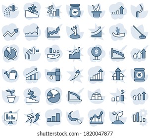 Blue tint and shade editable vector line icon set - growth statistic vector, seedling, watering can, sproute, hoe, sickle, greenhouse, fertilizer, drip irrigation, bar graph, pie, point, arrow up