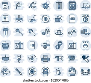 Blue tint and shade editable vector line icon set - coffee machine vector, fork loader, metal detector gate, gear, ripper, lawn mower, tomography, mri, atm, printer, copier, washer, crane, conveyor