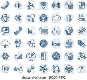Blue tint and shade editable vector line icon set - satellite vector, network, share, rca, call, data exchange, cellular signal, wireless, gear, right arrow, upload cloud, phone horn, power plug