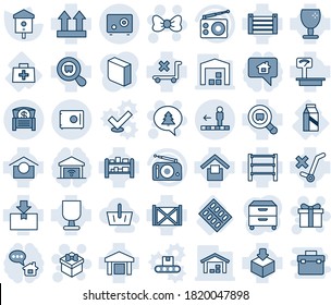 Blue tint and shade editable vector line icon set - travolator vector, gift, bow, merry christmas message, bird house, doctor bag, pills blister, milk, container, fragile, warehouse storage, package