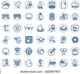 Blue tint and shade editable vector line icon set - clouds vector, snowmobile, flag garland, pennant, statistic monitor, water drop, bench, dropper, hospital building, counter, traffic light, themes