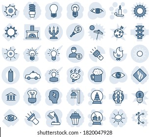 Blue tint and shade editable vector line icon set - sun vector, safety car, candle, snowball house, tree, brainstorm, bulb, fire, eye, traffic light, torch, bank, account, money, desk lamp, beer