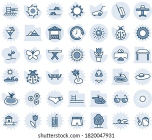 Blue tint and shade editable vector line icon set - sun vector, suitcase, flower in pot, lawn mower, butterfly, lady bug, pond, picnic table, pool, fruit tree, mountains, restaurant, alcove, sproute