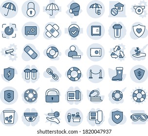 Blue tint and shade editable vector line icon set - fence vector, passport control, umbrella, trash bin, lock, boot, hose, patch, heart shield, medical mask, protect, eye id, safe, insurance, estate