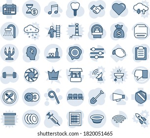Blue tint and shade editable vector line icon set - spoon and fork vector, shower, waiting area, lollipop, money bag, brainstorm, job, stamp, well, heart, syringe, tomography, barbell, implant, term
