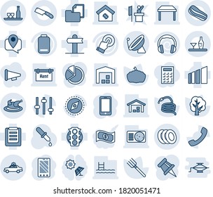 Blue tint and shade editable vector line icon set - satellite antenna vector, alarm car, mobile phone, farm fork, tree, hose, pumpkin, dropper, signpost, traffic light, tracking, clipboard, sorting
