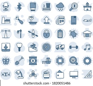 Blue tint and shade editable vector line icon set - cafe vector, plane, lock, airport building, holly, champagne, office chair, job, circle chart, rain, garden light, barbell, implant, sea port, sun