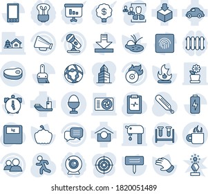 Blue tint and shade editable vector line icon set - glove vector, fire, plant label, pumpkin, pond, blood test vial, thermometer, scales, run, pulse clipboard, sea shipping, car delivery, package
