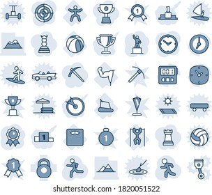 Blue tint and shade editable vector line icon set - pedestal vector, medal, run, floor scales, power hand, treadmill, pull ups, gymnastics, basketball ball, heavy, clock, stopwatch, target, job, win