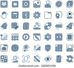 Blue tint and shade editable vector line icon set - phone back vector, menu, gallery, protect, settings, user, calculator, clock, bell, mail, record, sim, folder, notes, download, mute, brightness