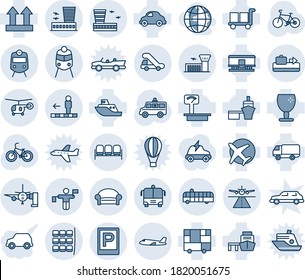 Blue tint and shade editable vector line icon set - runway vector, baggage conveyor, parking, train, waiting area, plane, seat map, airport building, traffic controller, bus, travolator, trap truck