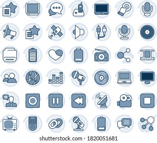 Blue tint and shade editable vector line icon set - satellite antenna vector, film frame, vinyl, microphone, radio, speaker, loudspeaker, tv, equalizer, remote control, network, touch screen, dialog