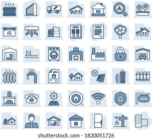 Blue tint and shade editable vector line icon set - office building vector, contract, house, with garage, tree, pool, sun panel, water supply, fruit, warehouse, fence, estate document, rooms, search