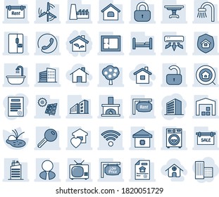 Blue tint and shade editable vector line icon set - office building vector, pond, contract, house, sun panel, windmill, fruit tree, warehouse, plan, estate document, sale, rent, low price signboard