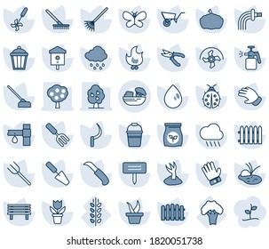 Blue tint and shade editable vector line icon set - flower in pot vector, trowel, garden fork, farm, ripper, fence, rake, seedling, wheelbarrow, bucket, watering, sproute, pruner, glove, butterfly