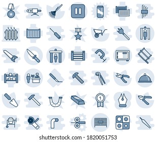 Blue tint and shade editable vector line icon set - passport control vector, security gate, safe, fenced area, metal detector, trowel, rake, wheelbarrow, pruner, scalpel, cargo container, rack, dish