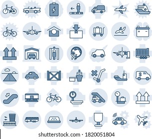 Blue tint and shade editable vector line icon set - airport bus vector, ladder car, plane, globe, building, runway, taxi, arrival, baggage, metal detector gate, travolator, escalator up, scales