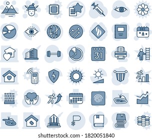 Blue tint and shade editable vector line icon set - christmas calendar vector, mountains, deer hat, pennant, syringe, barbell, heart hand, eye, term, network, favorites list, protect, brightness, id