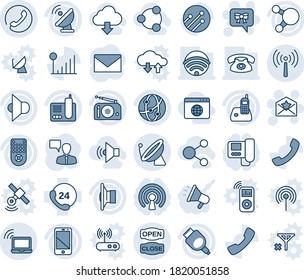 Blue tint and shade editable vector line icon set - antenna vector, satellite, wireless notebook, phone, star letter, bow message, speaking man, mail, 24 hours, radio, speaker, remote control, cell