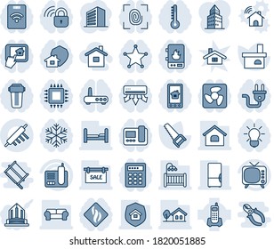 Blue tint and shade editable vector line icon set - office building vector, saw, fireplace, phone, tv, radio, house, with tree, sale, bedroom, children room, cushioned furniture, fridge, rolling pin