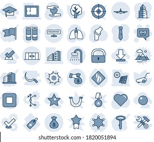 Blue tint and shade editable vector line icon set - shower vector, plane, automatic doors, bow message, book, tree, lawn mower, sun, heart, hand, lungs, joint, medical label, stop button, lock, tie