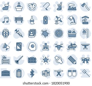 Blue tint and shade editable vector line icon set - reception vector, christmas sock, star, fireplace, bow, deer, santa sleigh, manager place, factory, pencil, circle chart, fence, rake, butterfly